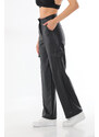 BİKELİFE Women's Black Leather High Waist Wide Leg Cargo Pants