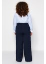 Trendyol Curve Námořnická modrá Vysoký pas Dvojitý knoflík Asymetrické kostkované tkané kalhoty