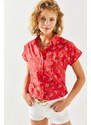 Olalook Women's Red Floral Print Linen Bat Shirt