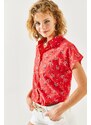 Olalook Women's Red Floral Print Linen Bat Shirt