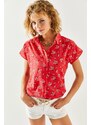 Olalook Women's Red Floral Print Linen Bat Shirt