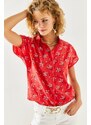 Olalook Women's Red Floral Print Linen Bat Shirt