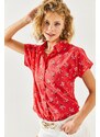 Olalook Women's Red Floral Print Linen Bat Shirt