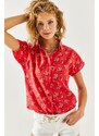 Olalook Women's Red Floral Print Linen Bat Shirt