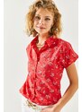 Olalook Women's Red Floral Print Linen Bat Shirt