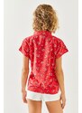 Olalook Women's Red Floral Print Linen Bat Shirt