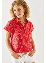 Olalook Women's Red Floral Print Linen Bat Shirt