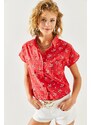 Olalook Women's Red Floral Print Linen Bat Shirt