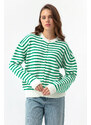 Lafaba Women's Green Gold Buttons Striped Knitwear Cardigan