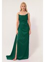 Lafaba Dámské smaragdově zelené rozparkové dlouhé saténové večerní šaty