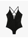 Koton V-Neck Swimsuit with Thin Straps Piping Detailed Coated