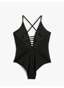 Koton V-Neck Swimsuit with Thin Straps Piping Detailed Coated