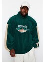 Trendyol Emerald Green Unisex Oversize Stand Collar City Embroidered Fleece Sweatshirt