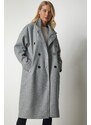 Happiness İstanbul Women Gray Double Breasted Neck Oversize Cachet Coat