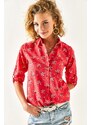 Olalook Women's Red Floral Foldable Linen Shirt with Sleeves