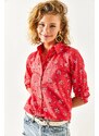 Olalook Women's Red Floral Foldable Linen Shirt with Sleeves