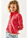 Olalook Women's Red Floral Foldable Linen Shirt with Sleeves