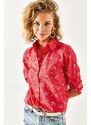 Olalook Women's Red Floral Foldable Linen Shirt with Sleeves