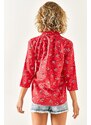 Olalook Women's Red Floral Foldable Linen Shirt with Sleeves