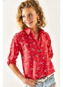 Olalook Women's Red Floral Foldable Linen Shirt with Sleeves