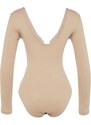 Trendyol Mink Cotton Stretchy V Neck Fitted/Situated Stretchy Knitted Bodysuit