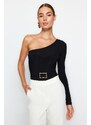 Trendyol Black Belt Detail One-Shoulder Fitted/Situated Elastic Knitted Body with Snap Snaps