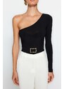 Trendyol Black Belt Detail One-Shoulder Fitted/Situated Elastic Knitted Body with Snap Snaps