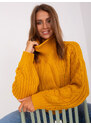 Fashionhunters Tmavě žlutý dámský oversize svetr s rolákem