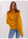 Fashionhunters Tmavě žlutý dámský oversize svetr s rolákem