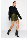 Trendyol Khaki Faux Leather Cargo Pocket High Waist Fitted Mini Knitted Skirt