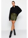 Trendyol Khaki Faux Leather Cargo Pocket High Waist Fitted Mini Knitted Skirt