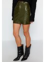 Trendyol Khaki Faux Leather Cargo Pocket High Waist Fitted Mini Knitted Skirt