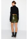 Trendyol Khaki Faux Leather Cargo Pocket High Waist Fitted Mini Knitted Skirt