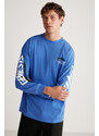GRIMELANGE Brad Men's Comfort Fit Long Sleeve 100% Cotton Printed Saks Blue T-shirt