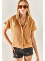 Olalook Women's Camel Bat Oversized Linen Shirt