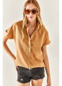 Olalook Women's Camel Bat Oversized Linen Shirt