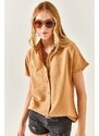 Olalook Women's Camel Bat Oversized Linen Shirt