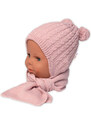 Zimní čepice na zavazování s bambulky + šál, Baby Nellys - pudrově růžová