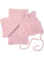 Zimní čepice na zavazování s bambulky + šál, Baby Nellys - pudrově růžová