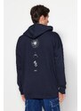 Trendyol Navy Blue Oversize/Wide-Fit Hooded Space Printed Fleece Sweatshirt