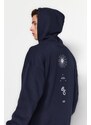 Trendyol Navy Blue Oversize/Wide-Fit Hooded Space Printed Fleece Sweatshirt