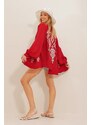 Trend Alaçatı Stili Women's Red Kimono Jacket with Ethnic Embroidery on the back