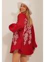 Trend Alaçatı Stili Women's Red Kimono Jacket with Ethnic Embroidery on the back