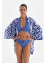 Dagi Blue White Linen Short Kimono