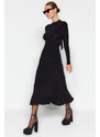 Trendyol Black Maxi Oversized Knit Dress with Ruffles Pleats and Plunging Neck Skirt