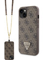 Ochranný kryt s crossbody popruhem pro iPhone 15 - Guess, 4G Strass Triangle Metal Logo Brown