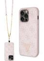 Ochranný kryt s crossbody popruhem pro iPhone 15 Pro - Guess, 4G Strass Triangle Metal Logo Pink