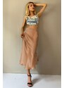 Madmext Light Beige Basic Long Satin Skirt