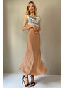 Madmext Light Beige Basic Long Satin Skirt