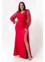 Lafaba Dámské červené V-Neck Plus Size Dlouhé večerní šaty s kameny a rozparkem na rukávech